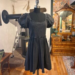 easel Black Smocked Puff-Sleeve Mini Dress